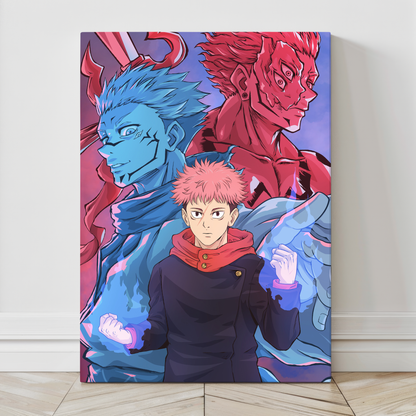 Gallery-wrapped canvas featuring Itadori Yuji with Sukuna and Mahito in a split-tone power face-off by Emmanuel Centeno.