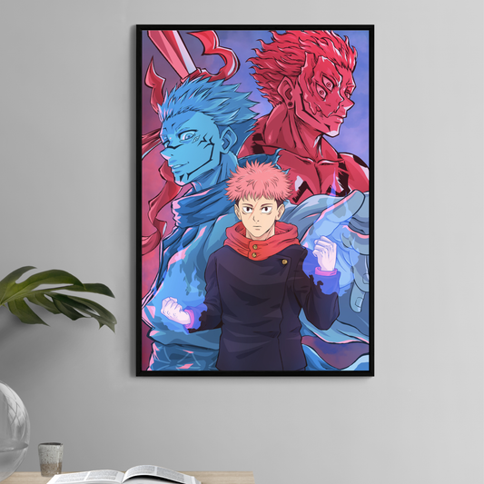 Itadori centered with glowing fists, Sukuna (red) and Mahito (blue) behind—dynamic Jujutsu Kaisen poster artwork by Emmanuel Centeno.