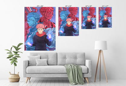 Gallery-wrapped canvas featuring Itadori Yuji with Sukuna and Mahito in a split-tone power face-off by Emmanuel Centeno.