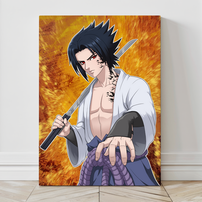 Cursed Heir Resolve canvas—close view of determined avenger, katana raised, ember field; artwork inspired by Sasuke Uchiha, by Sam dela Torre.