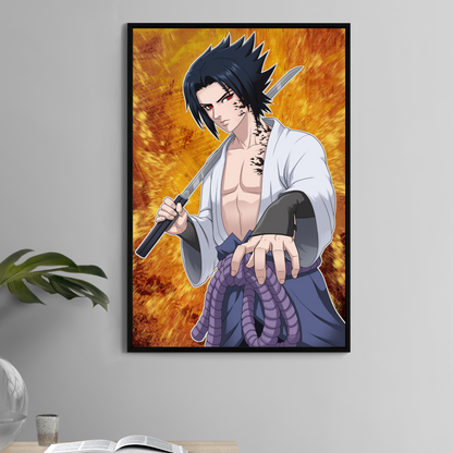 Cursed Heir Resolve poster print—curse-marked swordsman with drawn blade, fiery backdrop; anime-inspired artwork by Sam dela Torre.