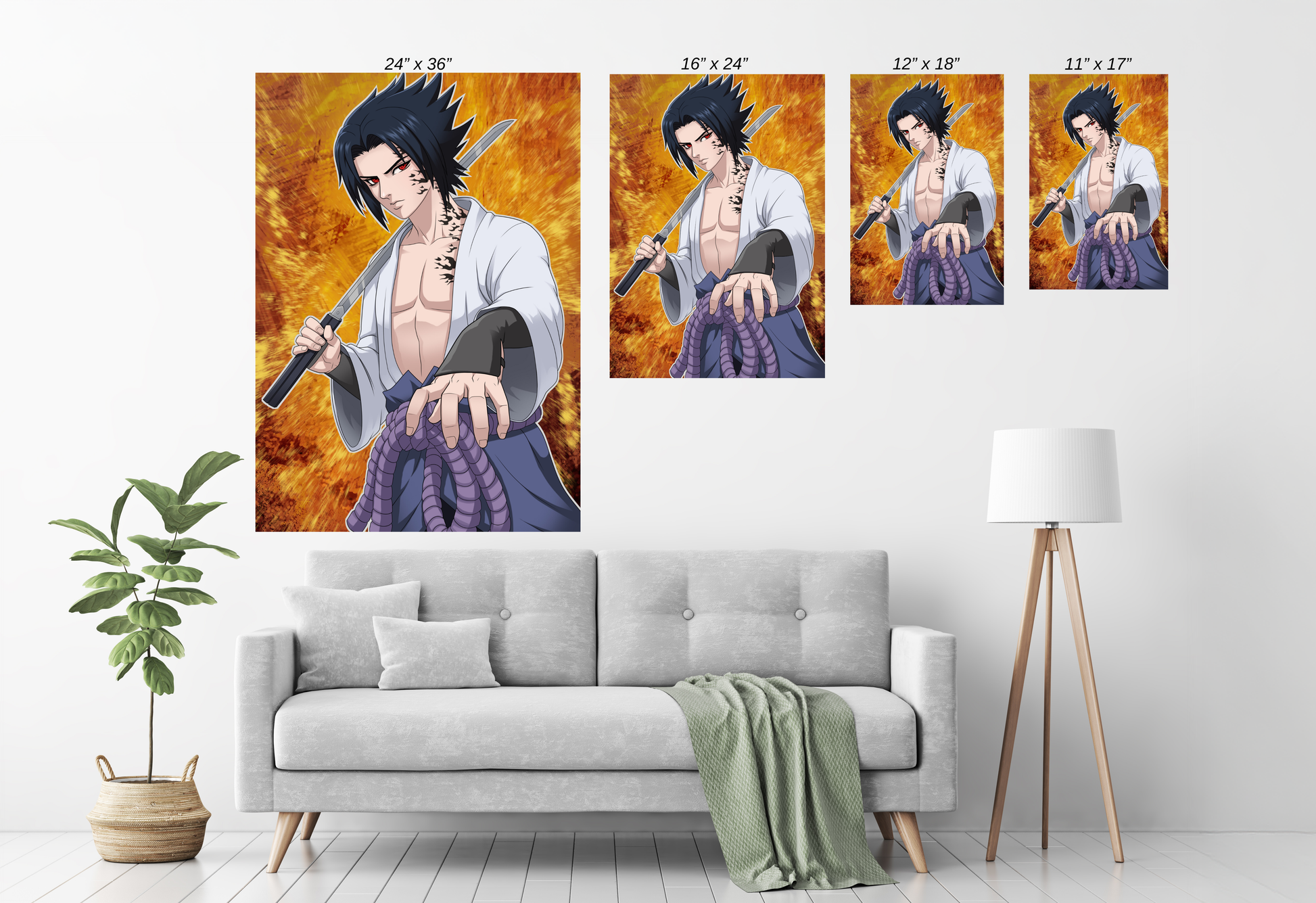 Cursed Heir Resolve canvas—close view of determined avenger, katana raised, ember field; artwork inspired by Sasuke Uchiha, by Sam dela Torre.