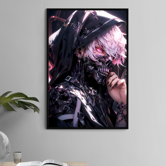 11x17 print of white-haired cyberpunk skull girl with pink eyes and gothic fashion