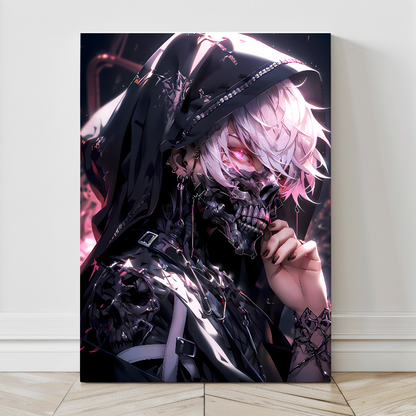  24x36 canvas print featuring cybernetic skull-faced woman in dark techwear
