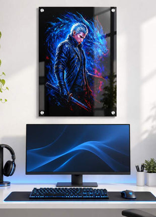 Dark Slayer's Judgment Vergil acrylic wall art in a bright gaming office