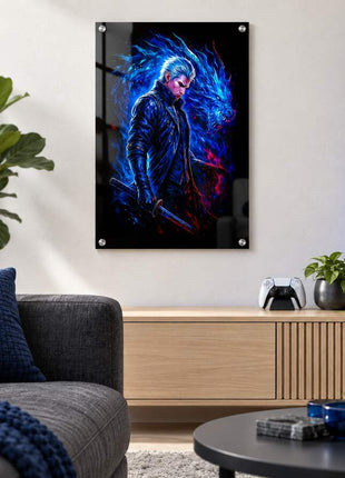 Dark Slayer's Judgment Vergil acrylic wall art in a modern media lounge