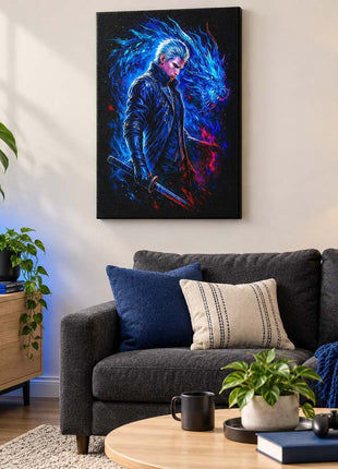 Dark Slayer's Judgment Vergil canvas wall art in a cozy gaming lounge