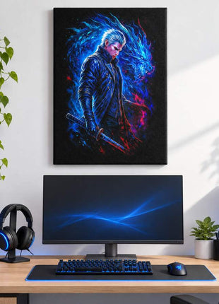 Dark Slayer's Judgment Vergil canvas wall art in a bright gaming room