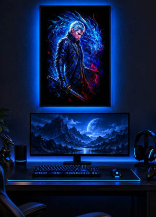 Dark Slayer's Judgment Vergil LED lightbox wall art glowing in a dark gaming room