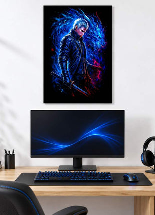 Dark Slayer's Judgment Vergil metal wall art above a modern gaming desk