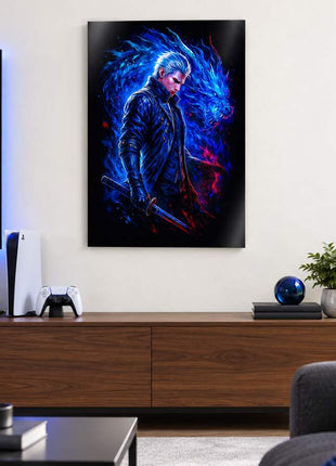 Dark Slayer's Judgment Vergil metal wall art in a bright media room