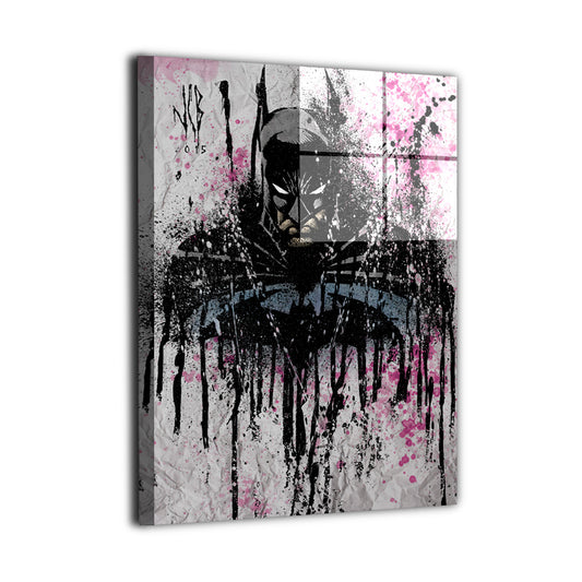 Bat-inspired vigilante wall art in gritty splatter style by Jeff Benitez, featuring a dark armored cowl and dramatic abstract textures, available as premium wall art