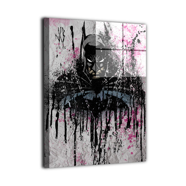 Bat-inspired vigilante wall art in gritty splatter style by Jeff Benitez, featuring a dark armored cowl and dramatic abstract textures, available as premium wall art