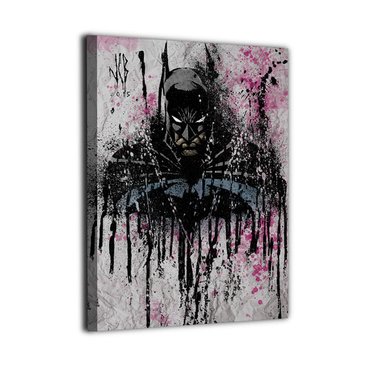Gritty bat-themed superhero wall art by Jeff Benitez, showcasing a shadowed vigilante figure with bold paint splatter effects and a dramatic urban tone