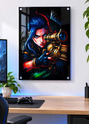 Deadly Aim in Shadow Caitlyn acrylic wall art in a bright gaming office