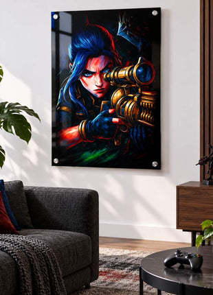 Deadly Aim in Shadow Caitlyn acrylic wall art in a modern media lounge