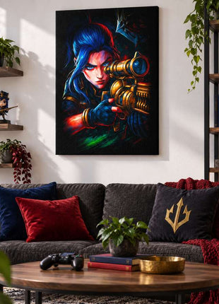 Deadly Aim in Shadow Caitlyn canvas wall art in a cozy gaming lounge