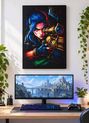 Deadly Aim in Shadow Caitlyn canvas wall art in a bright gaming room