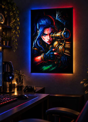 Deadly Aim in Shadow Caitlyn LED lightbox wall art glowing in a dark gaming room