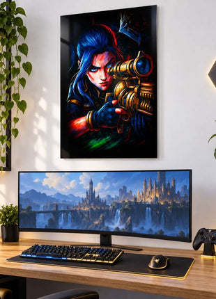 Deadly Aim in Shadow Caitlyn metal wall art above a modern gaming desk
