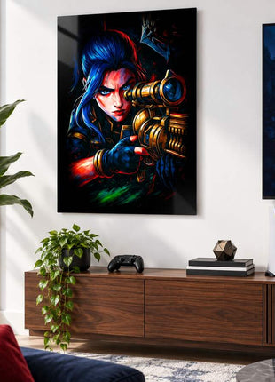 Deadly Aim in Shadow Caitlyn metal wall art in a bright media room