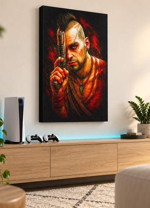 Definition of Insanity Vaas Montenegro canvas wall art in a cozy gaming lounge