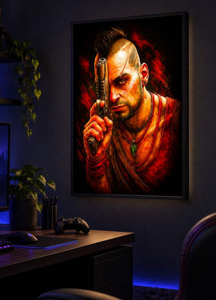 Definition of Insanity Vaas Montenegro LED lightbox wall art glowing in a dark gaming room