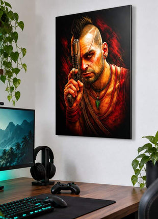 Definition of Insanity Vaas Montenegro metal wall art above a modern gaming desk