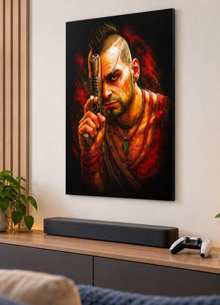 Definition of Insanity Vaas Montenegro metal wall art in a bright media room