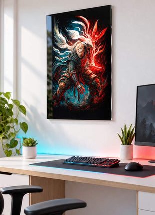 Demon Hunter Awakening Dante's Inferno acrylic wall art in a bright gaming office