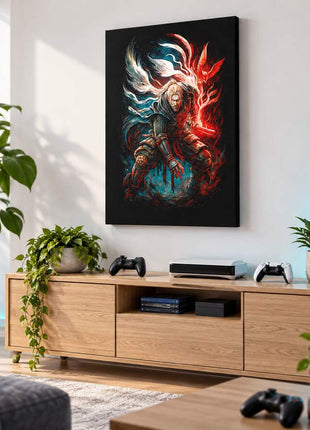 Demon Hunter Awakening Dante's Inferno canvas wall art in a cozy gaming lounge