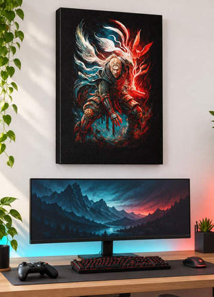 Demon Hunter Awakening Dante's Inferno canvas wall art in a bright gaming room