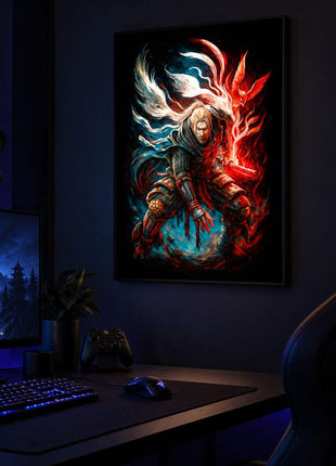 Demon Hunter Awakening Dante's Inferno LED lightbox wall art glowing in a dark gaming room