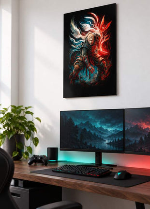 Demon Hunter Awakening Dante's Inferno metal wall art above a modern gaming desk