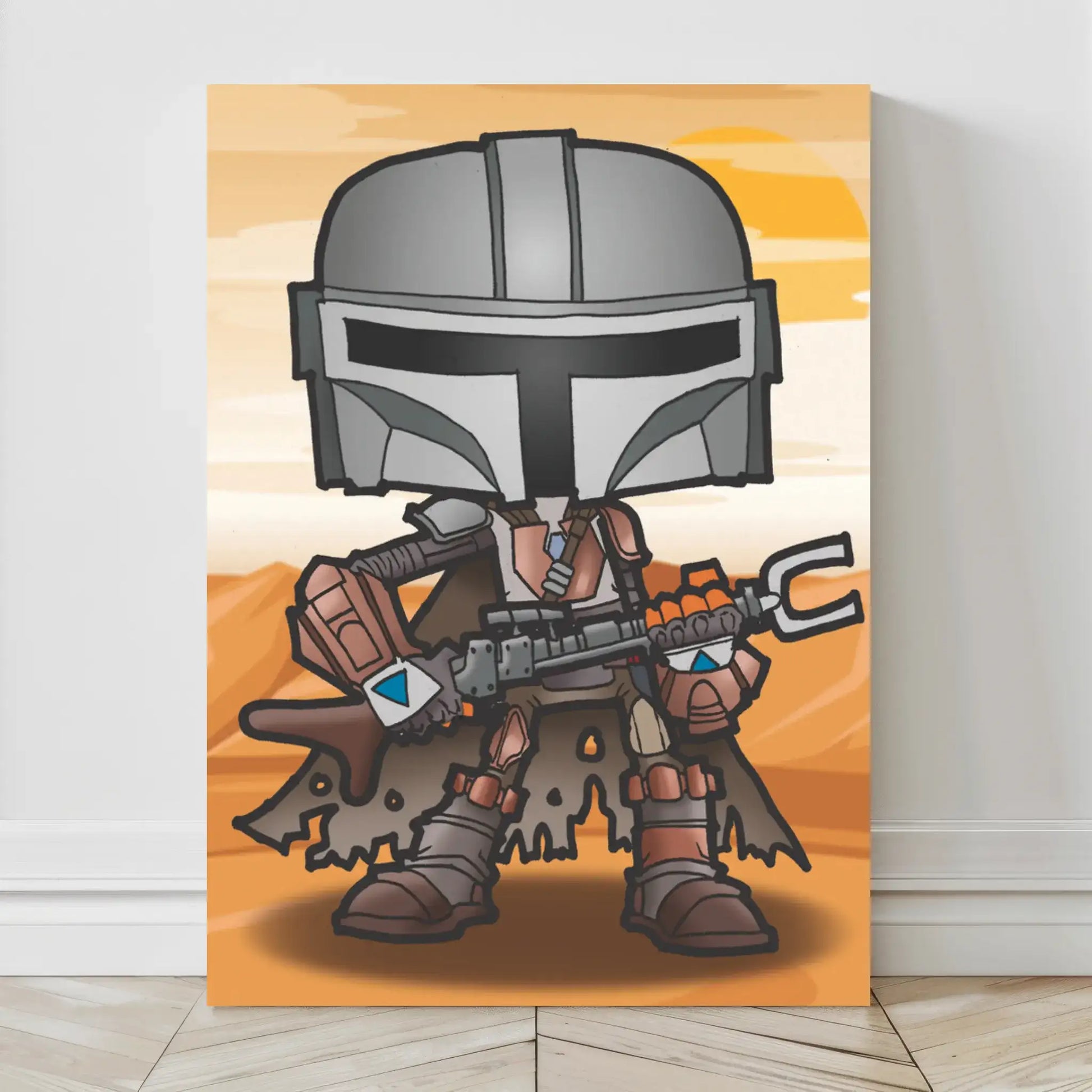 Canvas art of cartoon Mandalorian holding blaster in desert setting, drawn in chibi style