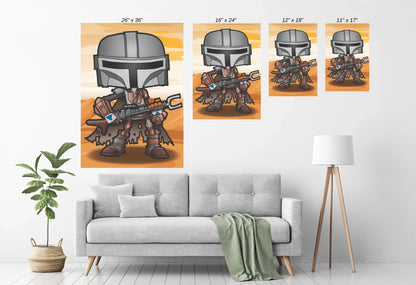 chibi Mandalorian poster with blaster, cape, and cartoon desert scene