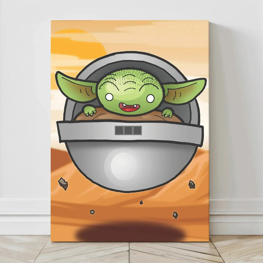 Canvas cartoon art of Baby Yoda floating in hover pod over sandy desert