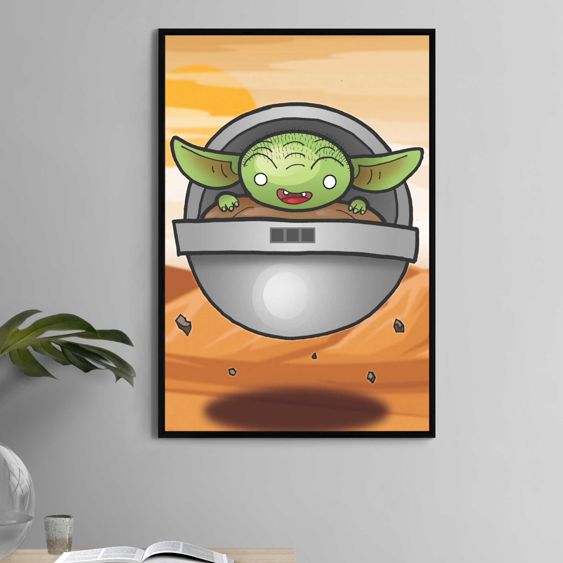  11x17 cartoon poster of Grogu in floating pod over Tatooine-style desert