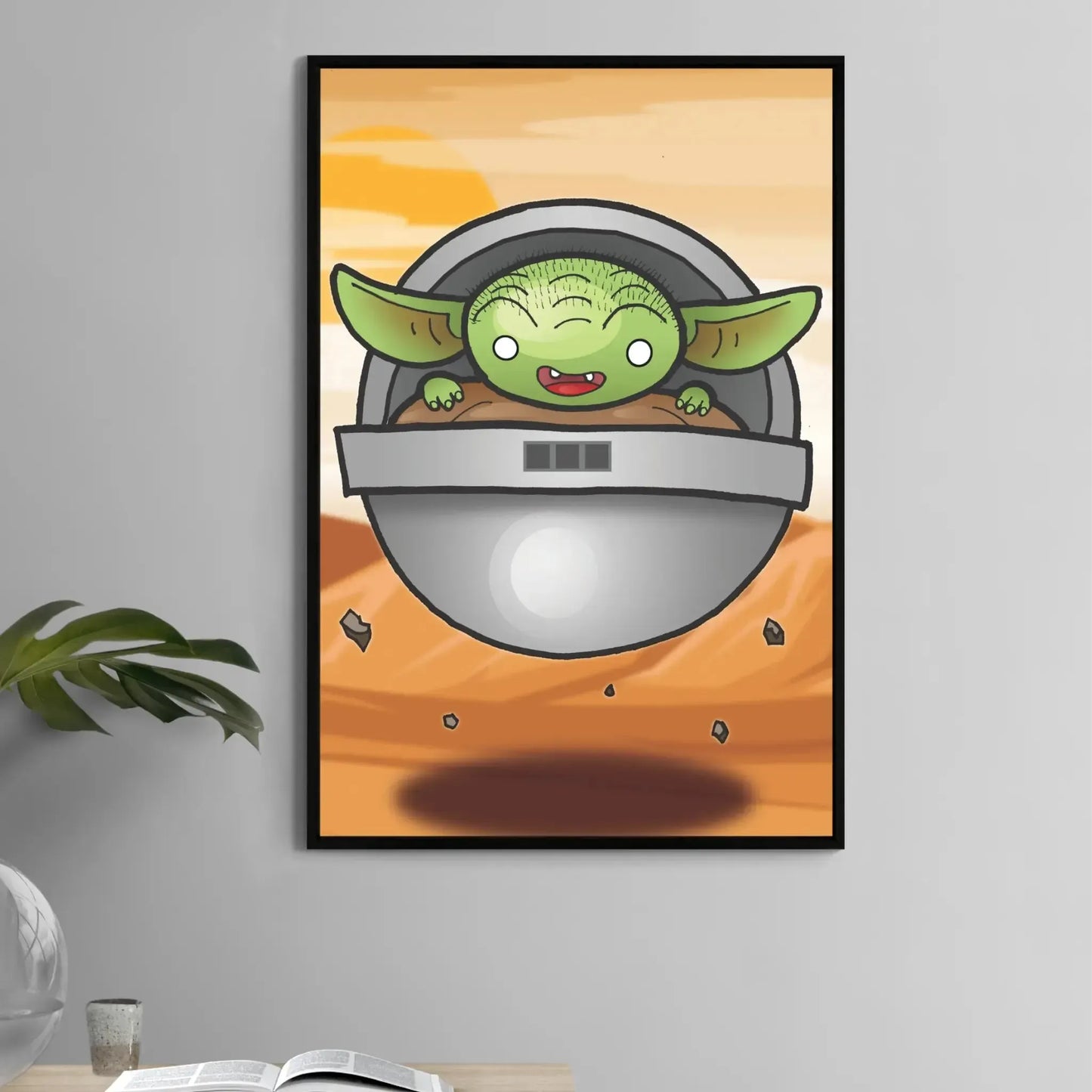  11x17 cartoon poster of Grogu in floating pod over Tatooine-style desert