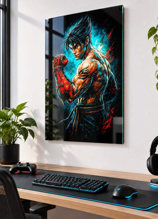 Devil Gene Defiance Kazuya Mishima acrylic wall art in a bright gaming office