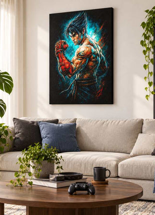 Devil Gene Defiance Kazuya Mishima canvas wall art in a cozy gaming lounge
