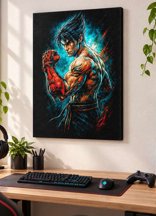 Devil Gene Defiance Kazuya Mishima canvas wall art in a bright gaming room