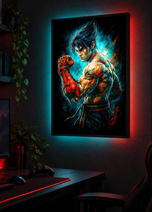 Devil Gene Defiance Kazuya Mishima LED lightbox wall art glowing in a dark gaming room