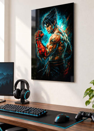 Devil Gene Defiance Kazuya Mishima metal wall art above a modern gaming desk