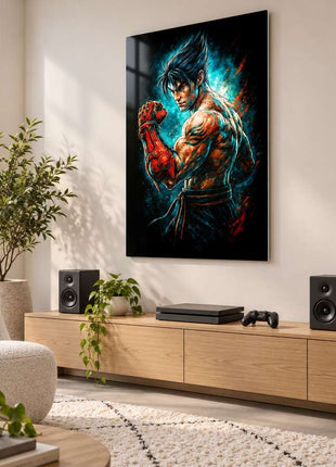 Devil Gene Defiance Kazuya Mishima metal wall art in a bright media room