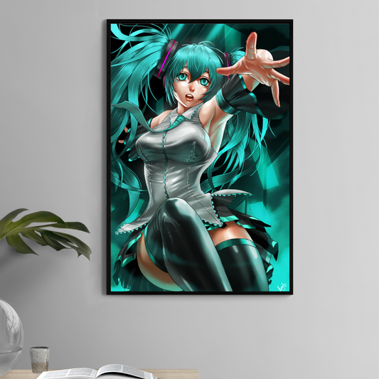 11x17 Hatsune Miku poster print featuring teal glow and dynamic performance pose