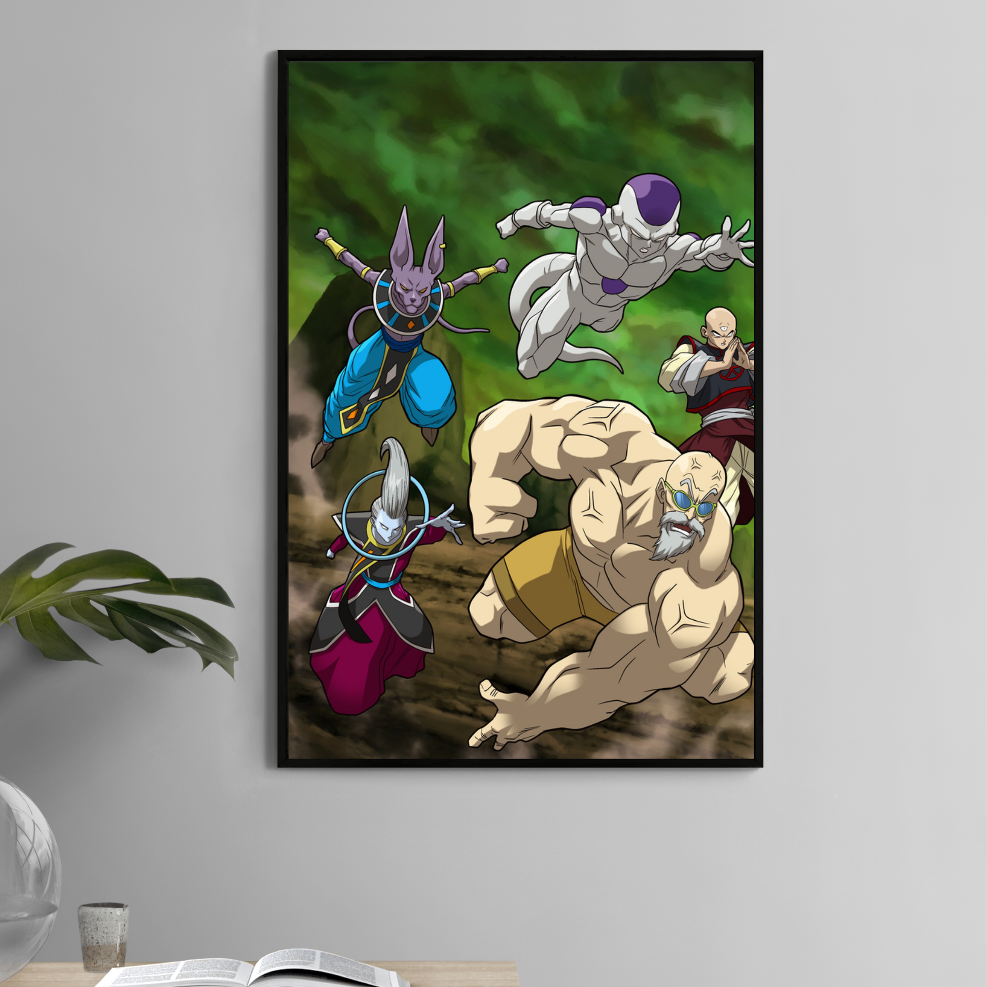 Alt: Beerus, Whis, Frieza, Roshi and Tien charging forward – 11x17 anime print

