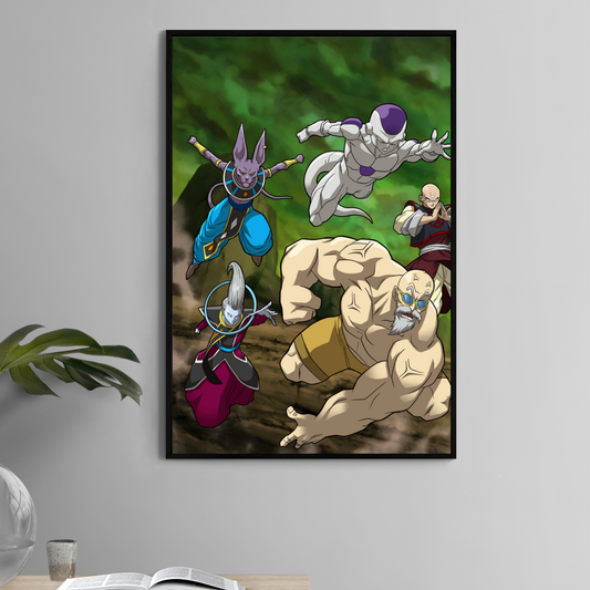 Alt: Beerus, Whis, Frieza, Roshi and Tien charging forward – 11x17 anime print


