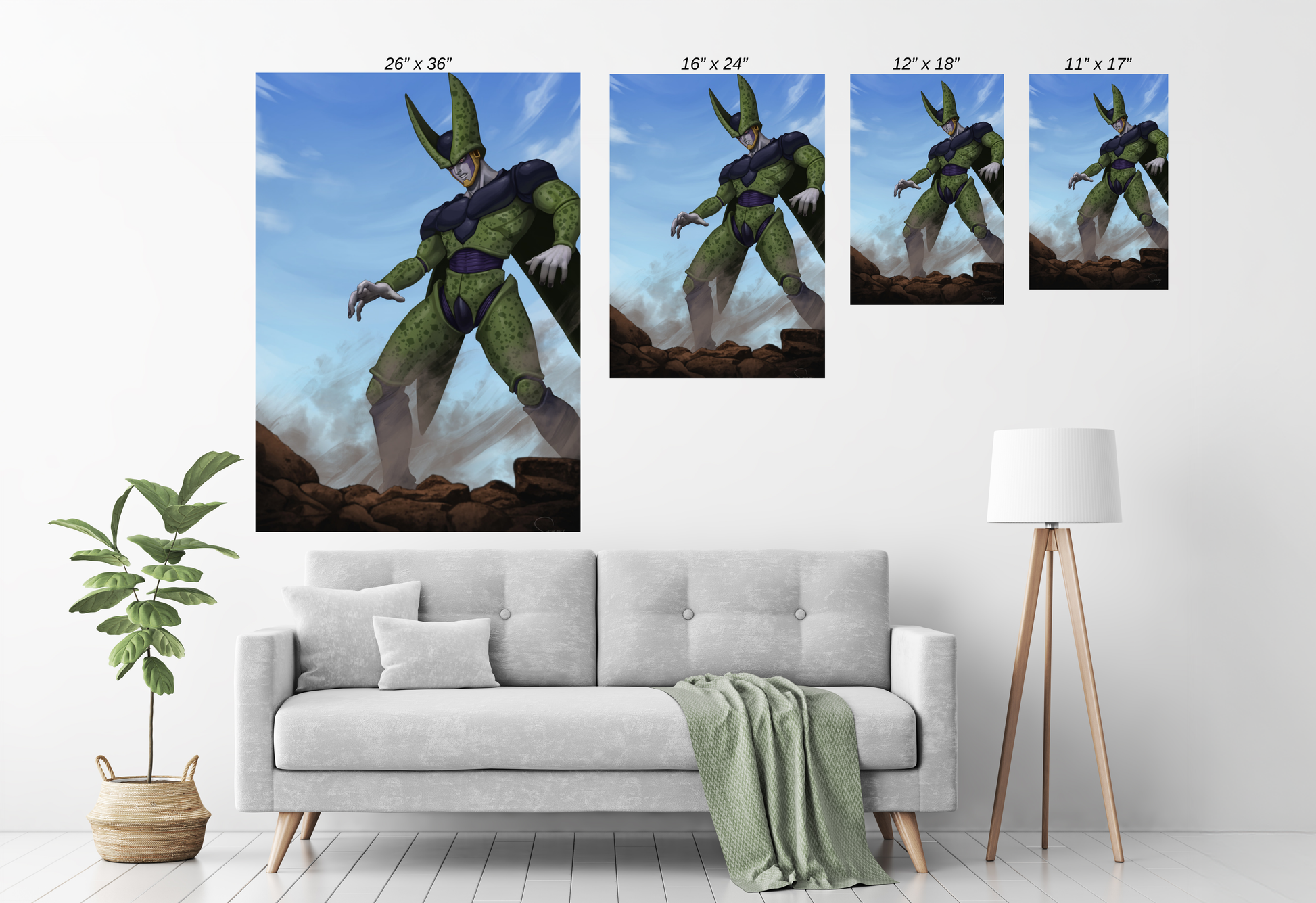 Perfect Cell anime canvas with sky background – Size chart DBZ display