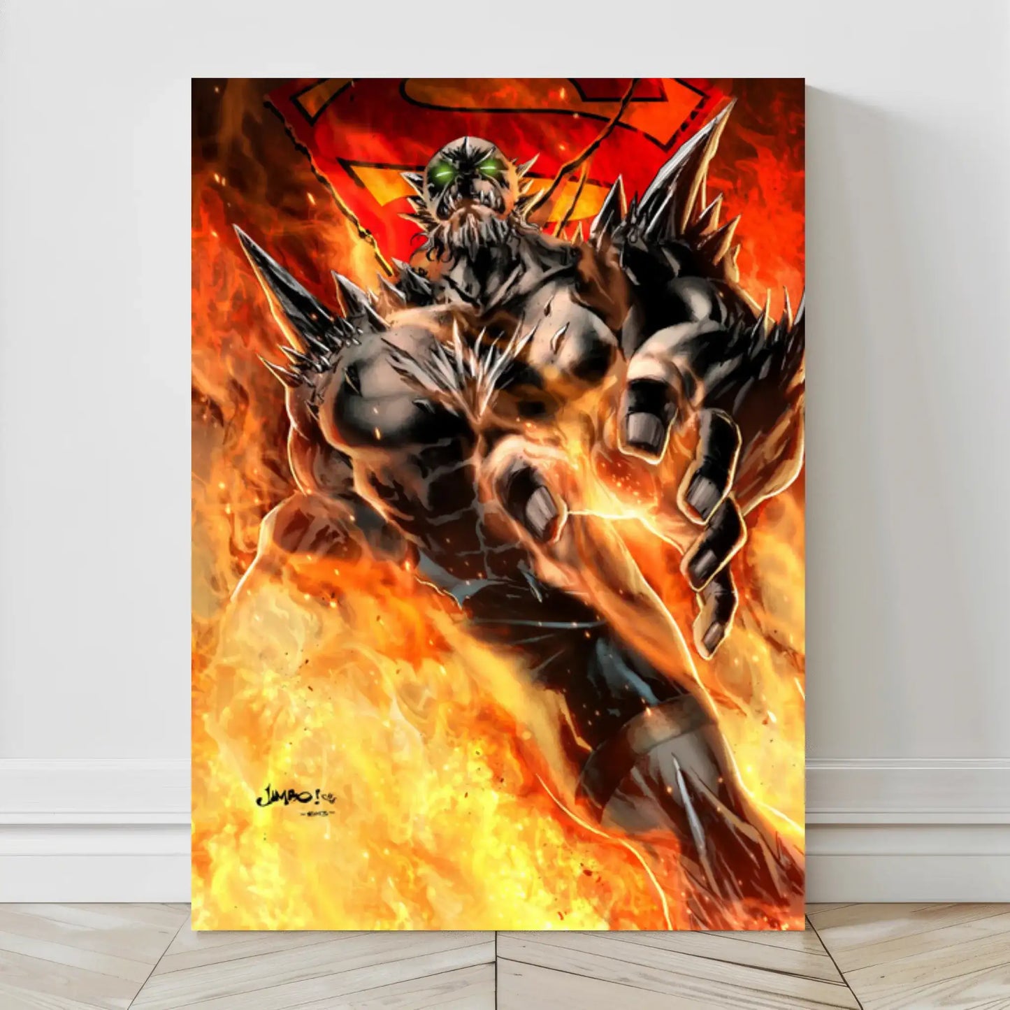 Canvas art of Doomsday bursting through flames with Superman symbol in background